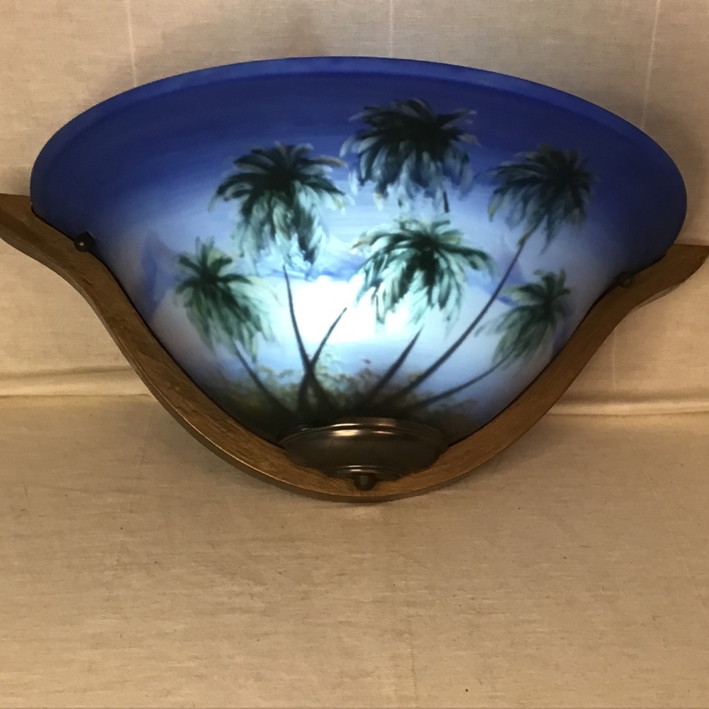 Tropical Handel-Style Reverse Paint Glass Wall Sconces Lamp. Lot of 2